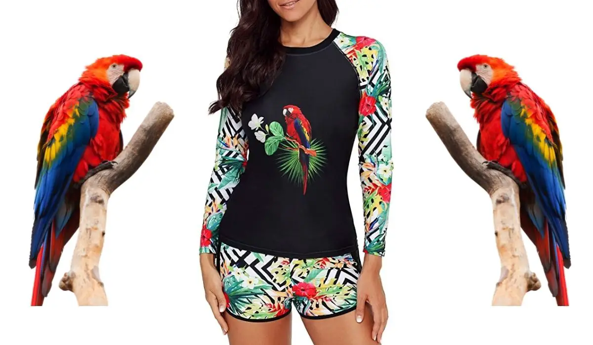 red and green macaw rash guard for women